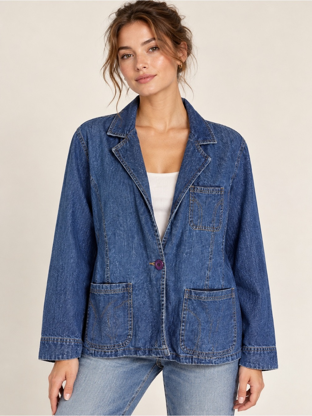 Vintage Bill Blass Denim Blazer Jacket XL Cotton Patch Pockets